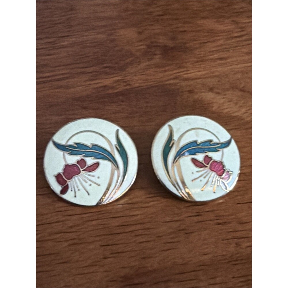 Vintage Cloisonne Enamel Oval Gold Tone Floral Post Earrings Cream Red